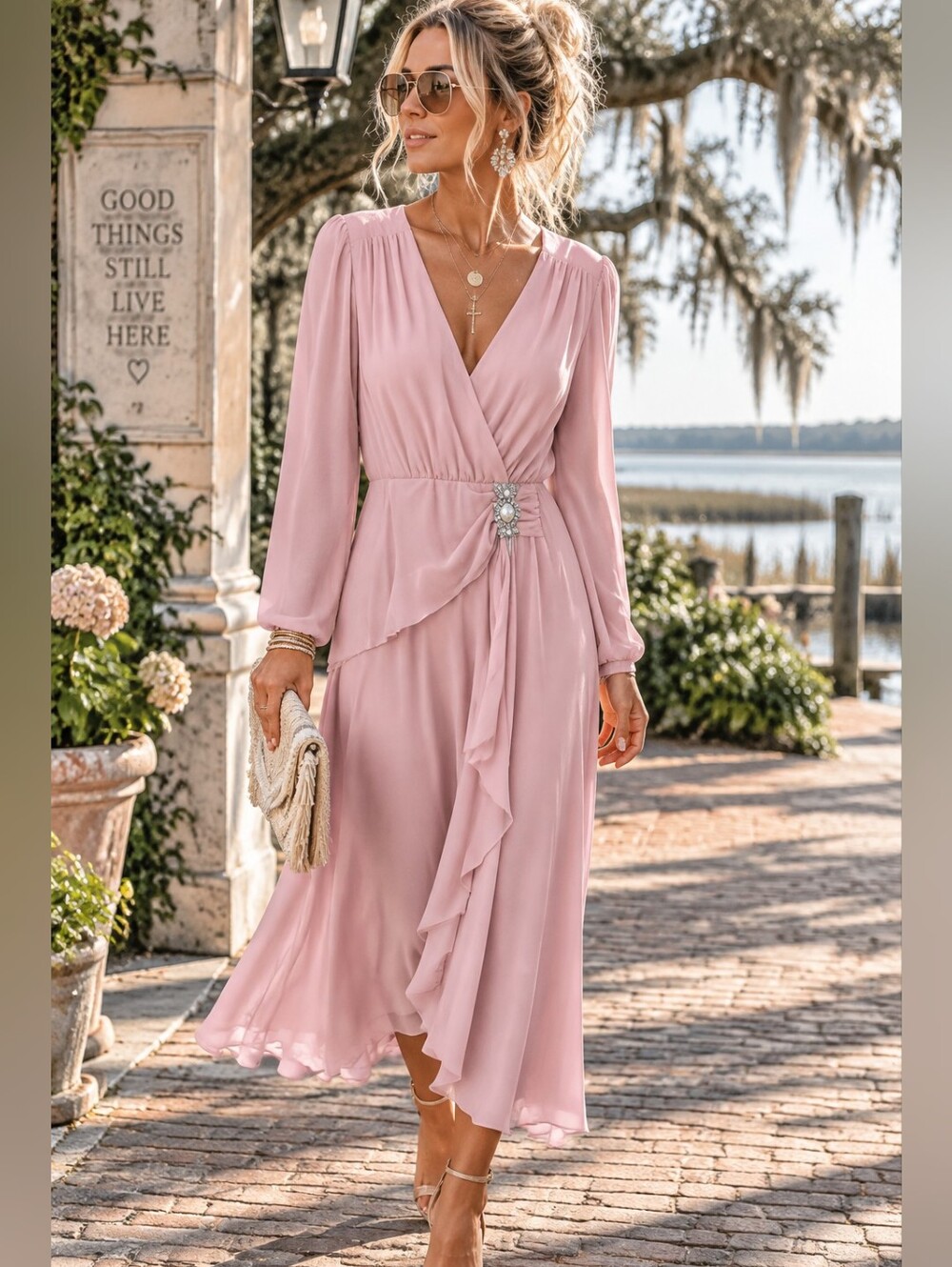 Martinique Fashions Union Made Pink Long Sleeve Wrap Dress with Embellish Waist
